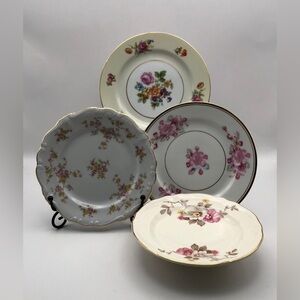 Vintage Set of 4 Floral 6” Bread Dessert Plates Mismatched Patterns Gold Trim